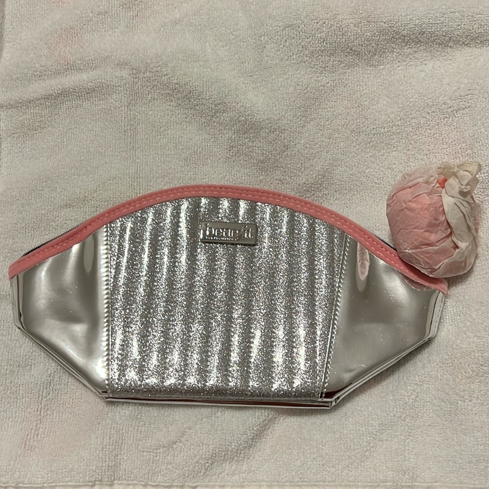 Benefit Silver & Pink Makeup Bag with PINK PUFF ZIPPER | Travel Makeup Case NEW